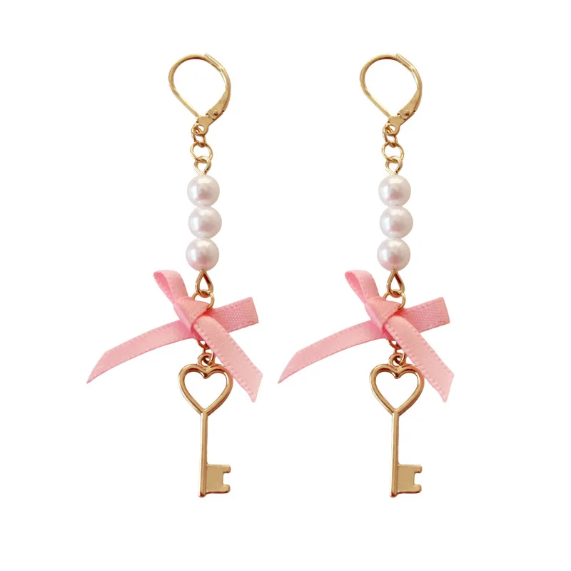 

Japanese Sweety Pink Ribbon Bowknot Brincos Sailor Moon Gold Color Key Shape Imitation Pearl Dangle Earrings For Women Wedding