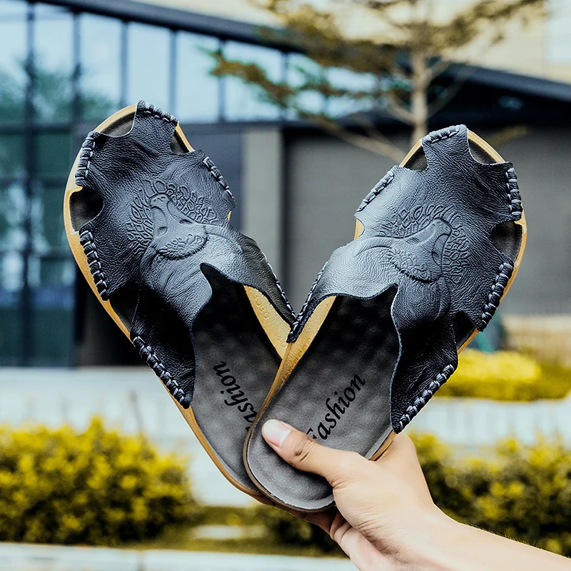 GLAZOV 2019 New Fashion Summer Shoes Men's Slippers Genuine Leather Beach Sandals Men Casual Shoes Flip Flops Big Size 38~46
