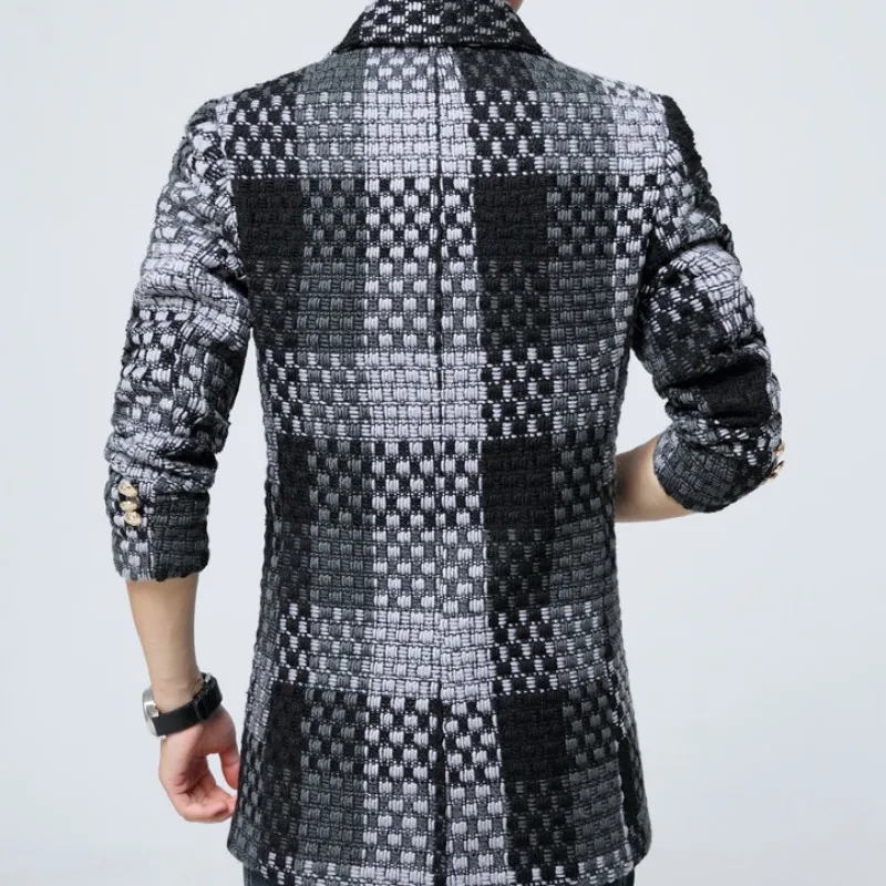 Зимнее мужское теплое шерстяное пальто в стиле ретро классическое клетчатое