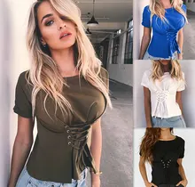 2017 Summer New Fashion Lace Up T Shirt Women Sexy O Neck Fiting Short Sleeve Tee Shirt Top Bandage T-shirt