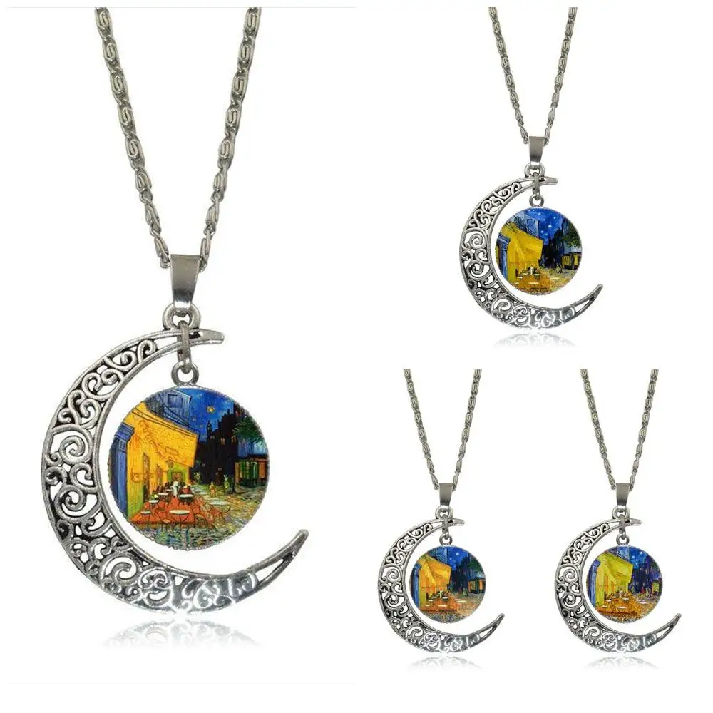 EJ Glaze Van Gogh Cafe Terrace Necklace Fashion Long Chain With Crescent Shaped Jewelry For Women Jewellery | Украшения и