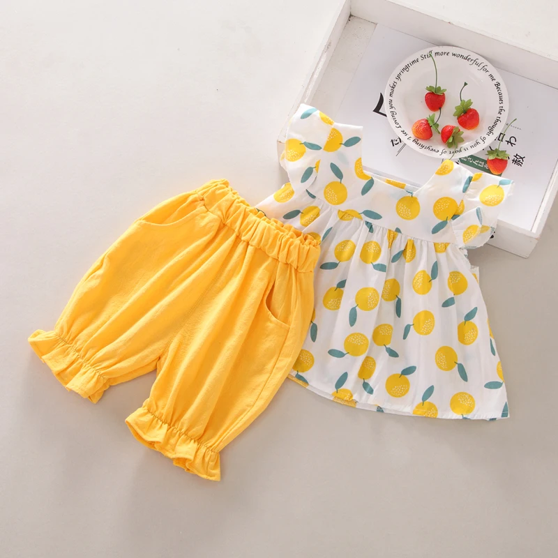 

Summer Baby Girls Casual Flare Sleeve Fruit Print T-shirt Tops+Shorts Suits Set