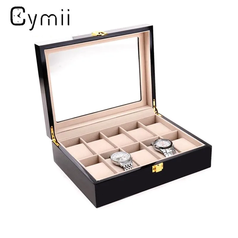 Cymii 10 Grids Watch Display Box Red Wooden Watch Box Transparent Skylight Watch Storage Box With Lock Watch Case Box