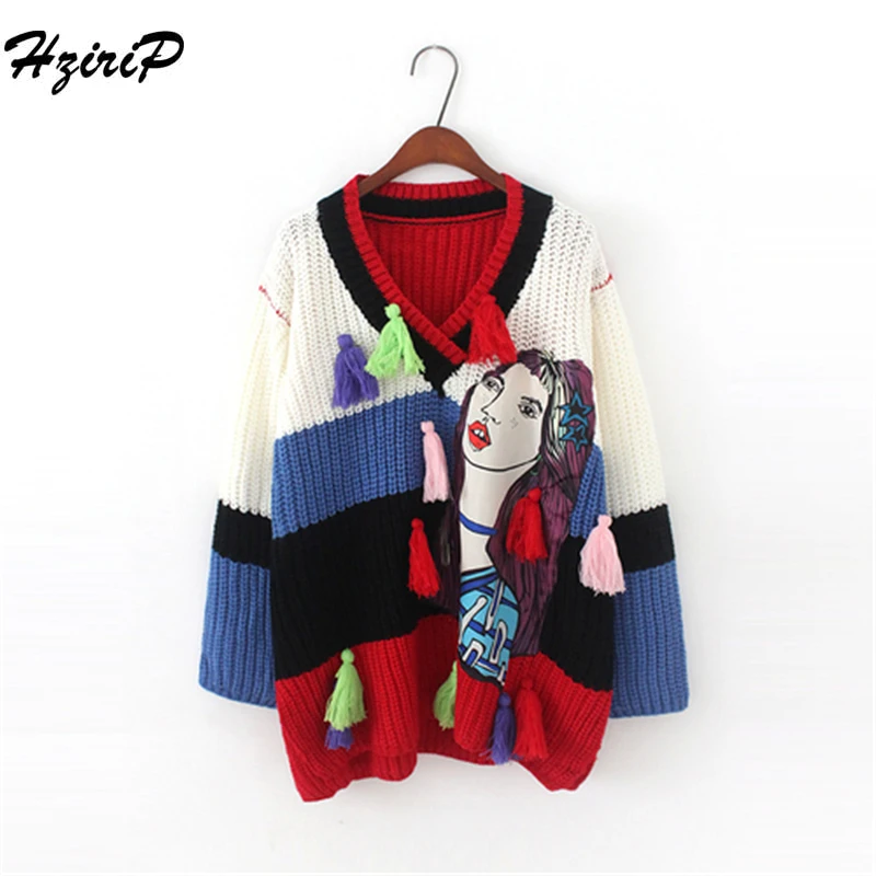 HziriP 2018 Spring Autumn Women Fashion Loose Sweater V-Neck Tassel Long Sleeve Character Print Knitted Female Pullover | Женская одежда