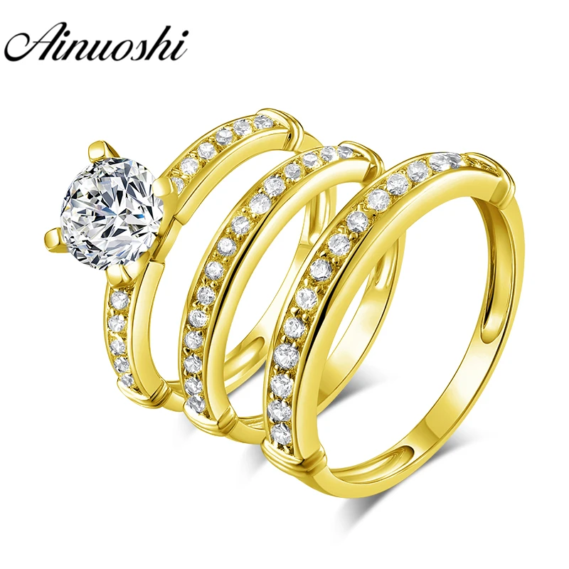

AINUOSHI 6.9g Real Gold TRIO Rings 10k Yellow Gold Couple Wedding Ring Set Round Cut CZ Lovers Engagement Wedding Rings Jewelry