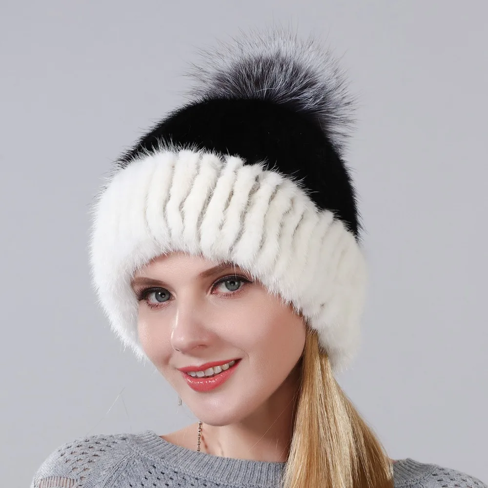 Теплая зимняя Толстая наушники для женщин меховая шапка из натурального меха норки шапка для женщин с лисьим мехом мяч на верхней два цвета можно выбрать