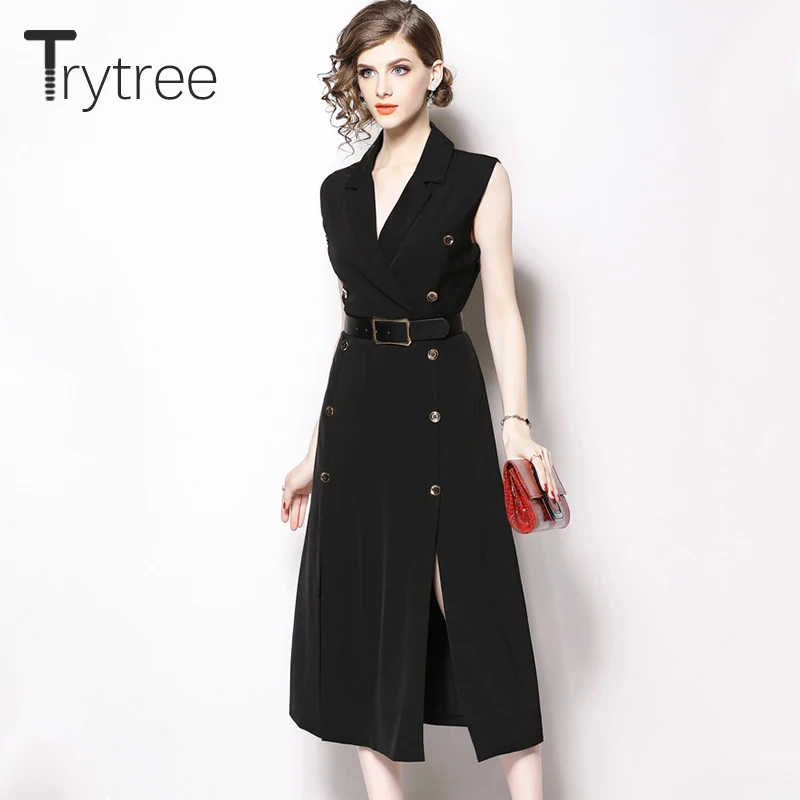Trytree/летнее осеннее платье Формальное женское черное однотонное без рукавов