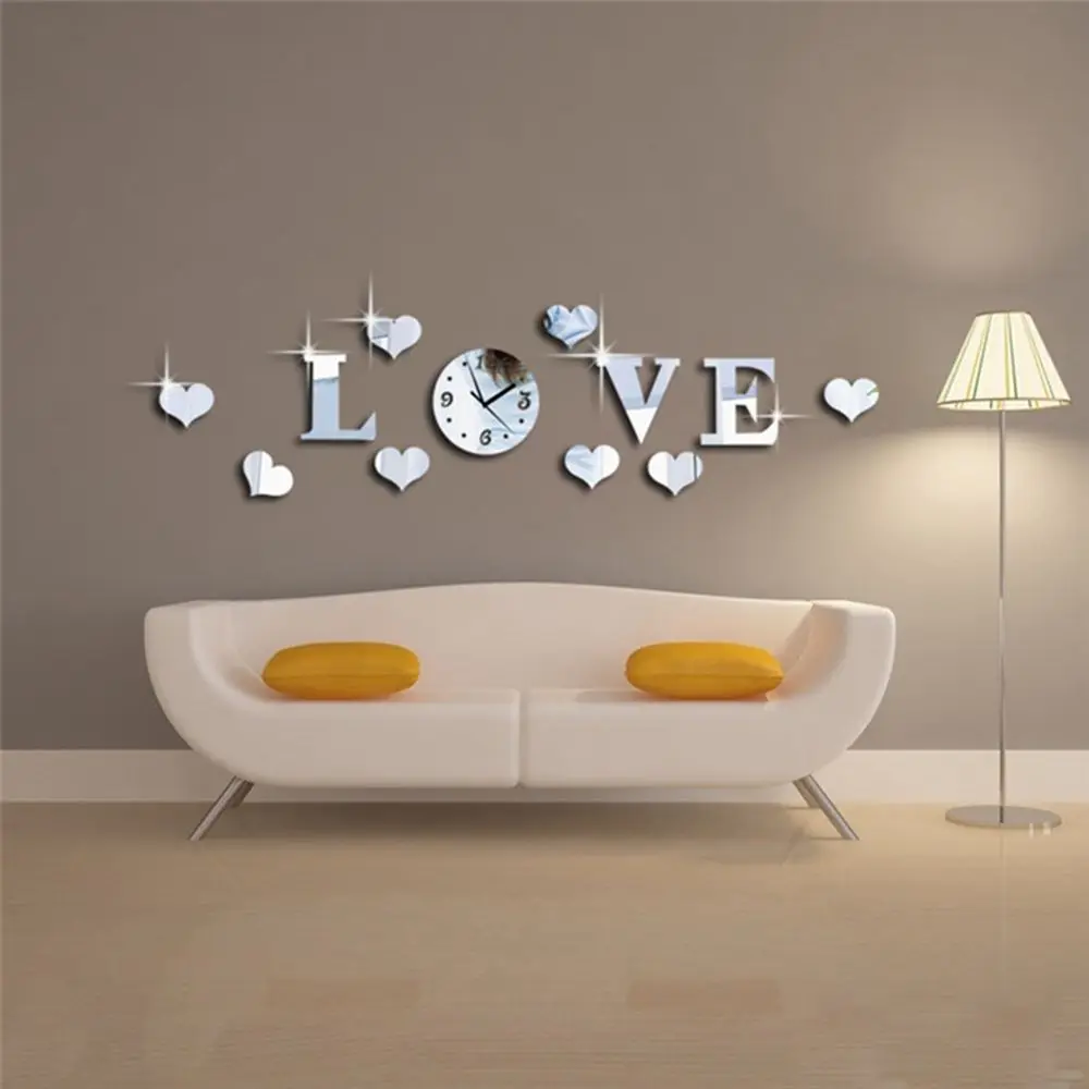 Best DIY Creative Wall Stickers Acrylic LOVE Heart Stereo 3D Mirror Decorative Sticker Living Room Decoration Wall Clock Sticker