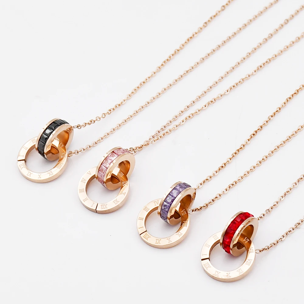 5 цветов двойной круг нержавеющая сталь титановое Ожерелье Циркон римское ожерелье цифры для женщин ювелирные изделия
