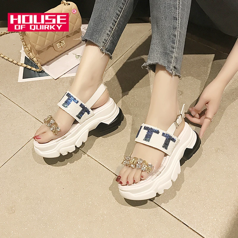 

Summer Woman Thick Bottom Sandals 2019 New Sexy Rhinestone Open Toe Sport Sandalen Women Rome Shoes Ladies Outdoor Beach Shoes