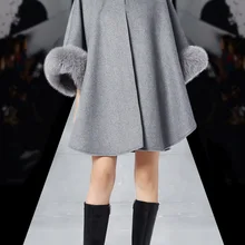 Размеры зимний воротник лиса плащ пальто одной кнопки Для женщин теплая шерсть пальто серый с рукавами «летучая мышь» Пальто-накидка