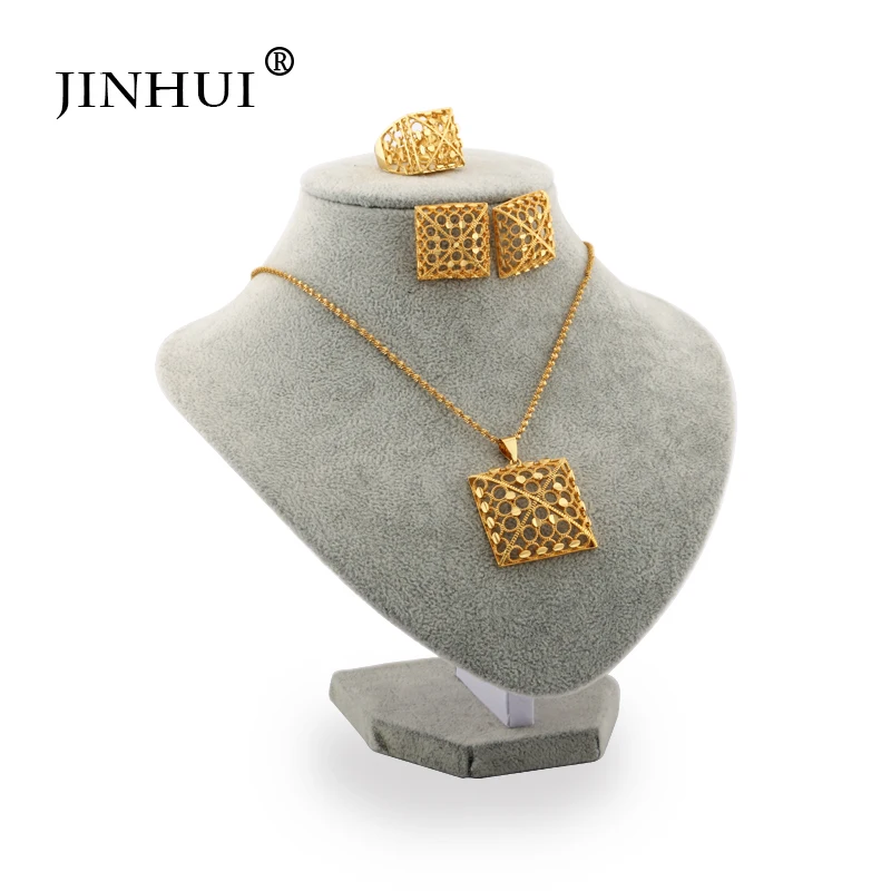 

Jin Hui African Fashion gold color jewelry sets women best gifts Party wedding Necklace and Earrings ring sets 45cm Pendant Gift