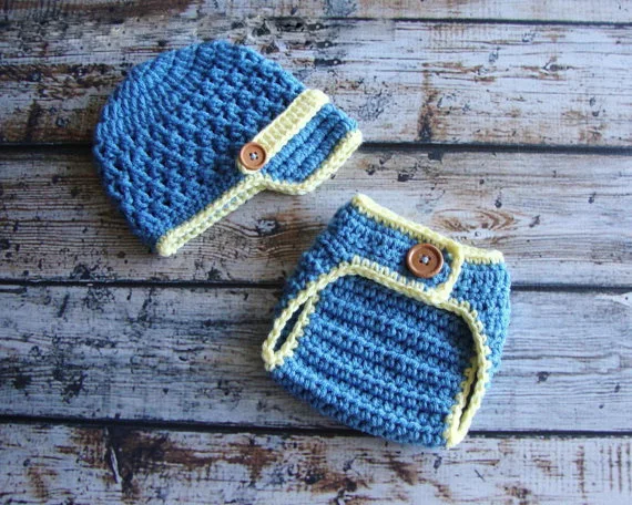 

free shipping,Baby blue newsboy caps with Diaper cover,baby Set handmade baby hat Newborn crochet Photo Prop NB-3M 100% cotton