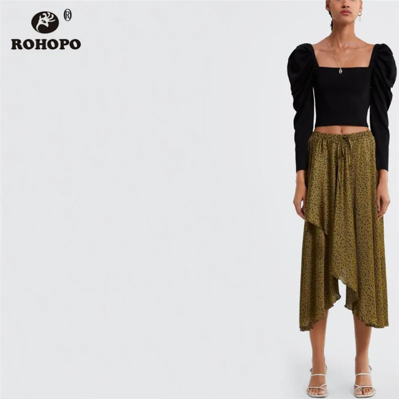 

ROHOPO Women Asymmetric Leopard Army Green Midi Skirt Pleated Maxi Gradient High Waist Girl High Low Skirt #OYK9630
