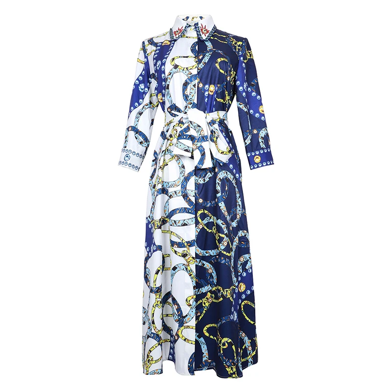 

HIGH QUALITY Newest 2019 Summer Runway Dress Women's Long Sleeve Vintage Chain Print Mid-calf Dress