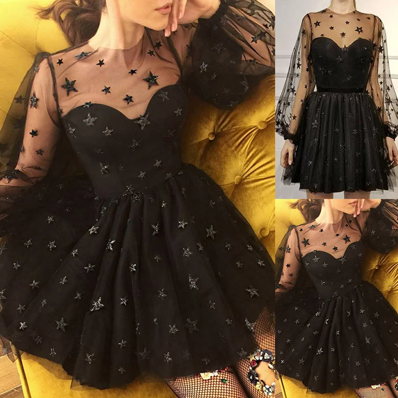 

Clubwear Dress Evening Prom Ball Womens Long sleeve Costume Mini See through