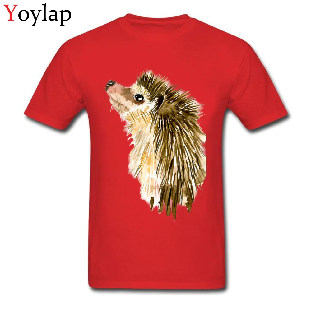 Adult T Shirt Crazy Normal Short Sleeve Summer Fall Tops T Shirt Plain Round Collar 100% Cotton Tee-Shirt Watercolor Little Hedgehog red