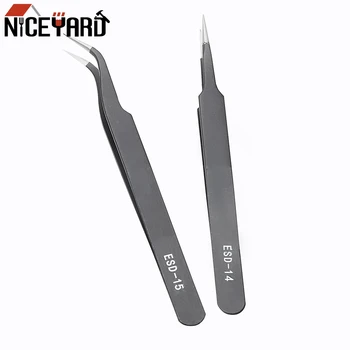 

NICEYARD Black Forceps Precision Tweezer Curved Straight Tip Anti-static Stainless Steel ESD-14 ESD-15