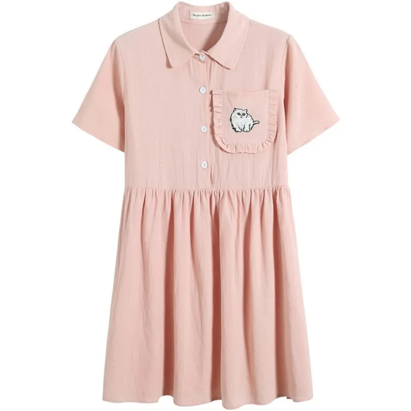 Японского размера плюс женское летнее короткое платье Mori Girl милый кот Harajuku винтажное повседневное Kawaii розовая плиссированная рубашка платья Белый