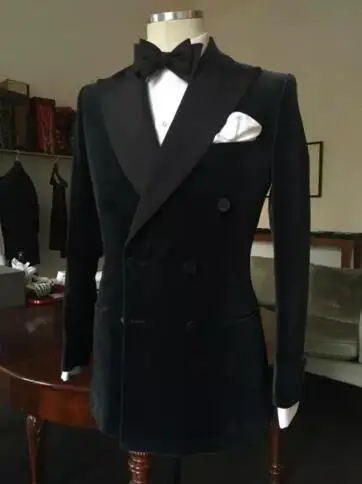 

Black Double Breasted Velvet Tuxedos British style Custom Made Mens Suit Slim Fit Blazer Wedding suits for men(suit+pant)