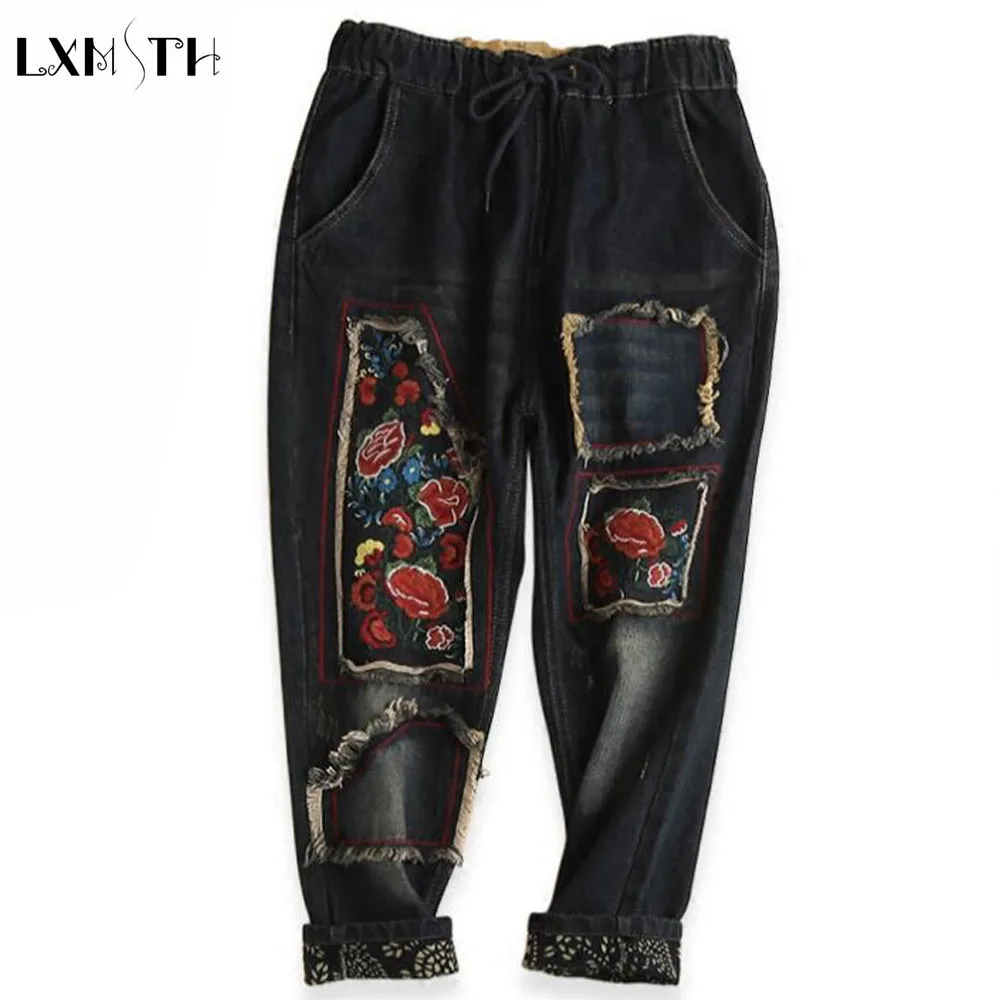 

Vintage Womens jeans With Embroidery National Style Patch Flower Embroidered jeans Women Loose Elastic Waist Casual Denim Pants