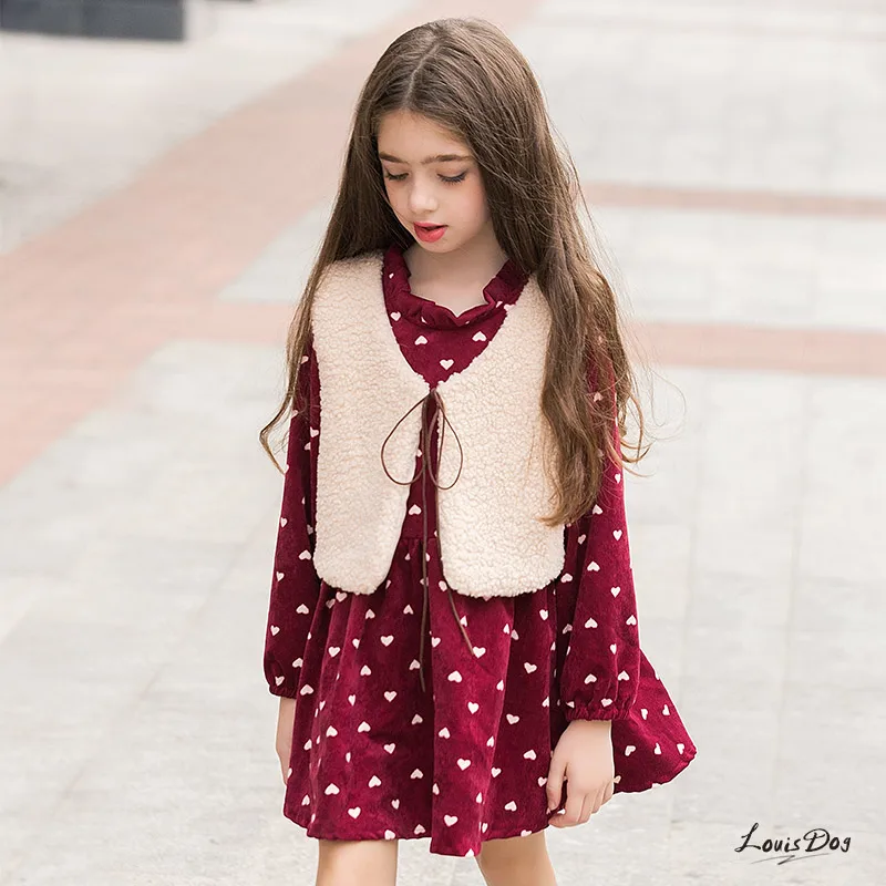 

Children Dresses Girls Princess Dress Clothing Set 2pcs Corduroy Dot Dress + Vest Spring Autumn Winter Girls Clothing 8 10 12