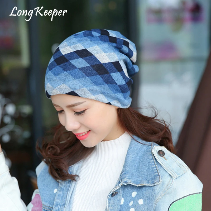

Hot Sale Women Casual Knitted Scarf Spring Autumn Hats Plaid Beanies Unisex Women Tide Turban Hat knitted Cap Long Keeper
