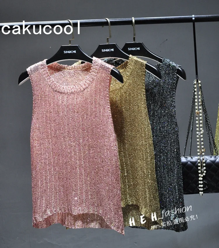 

Cakucool New Gold Lurex Knit Tops camis Women Sexy tanks Hollow out Slim Bling Sequins Basic Top camisole Summer Top For Women