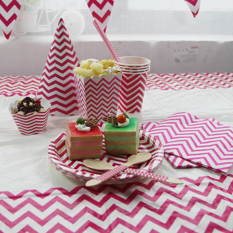 Red Chevron Event Celebration Paper Plates Cups Napkins PE Table Cloth