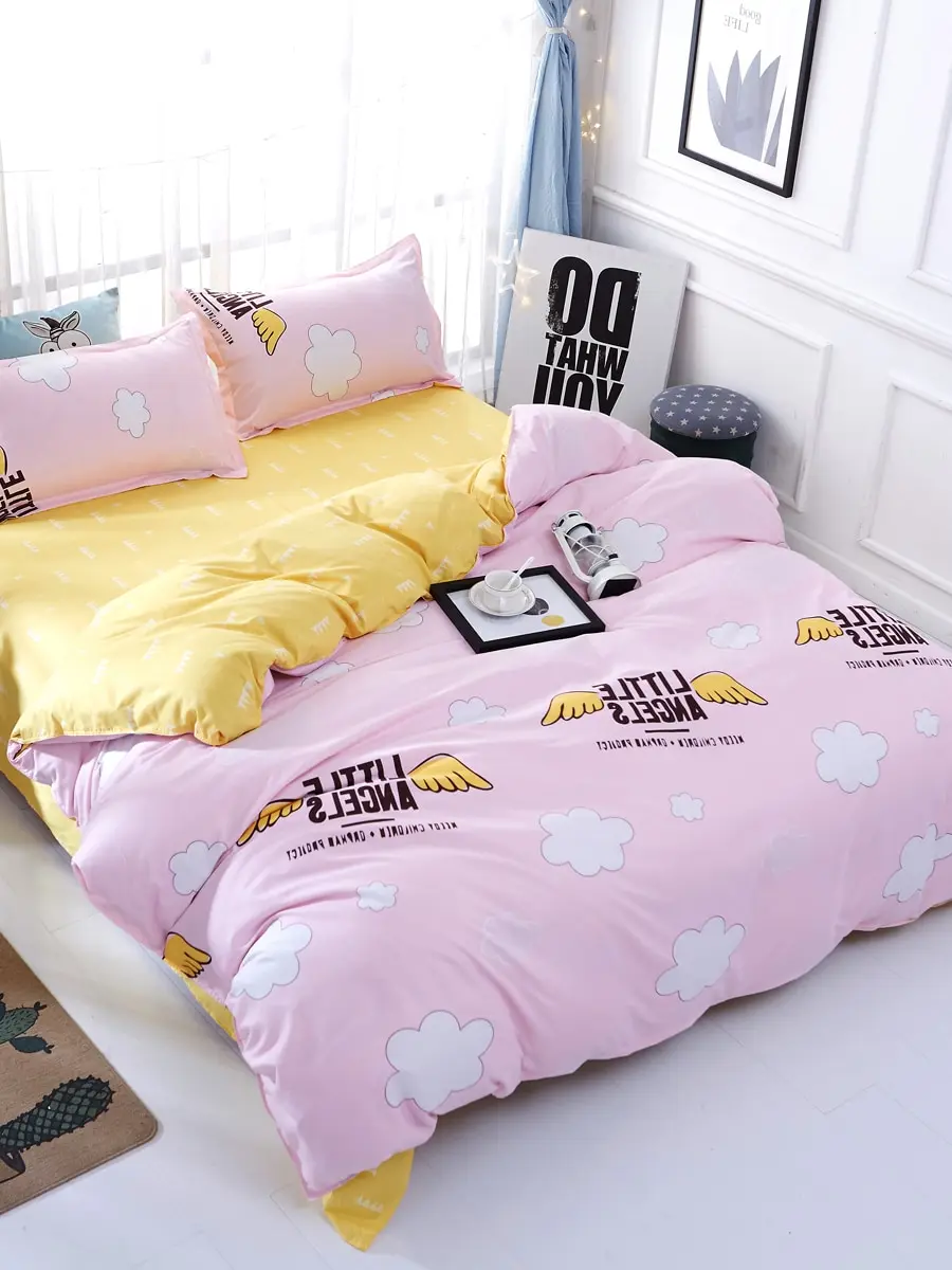 

4 Pcs Bedclothes Set Sweet Letters Pattern Comfortable Home Bedsheet Set
