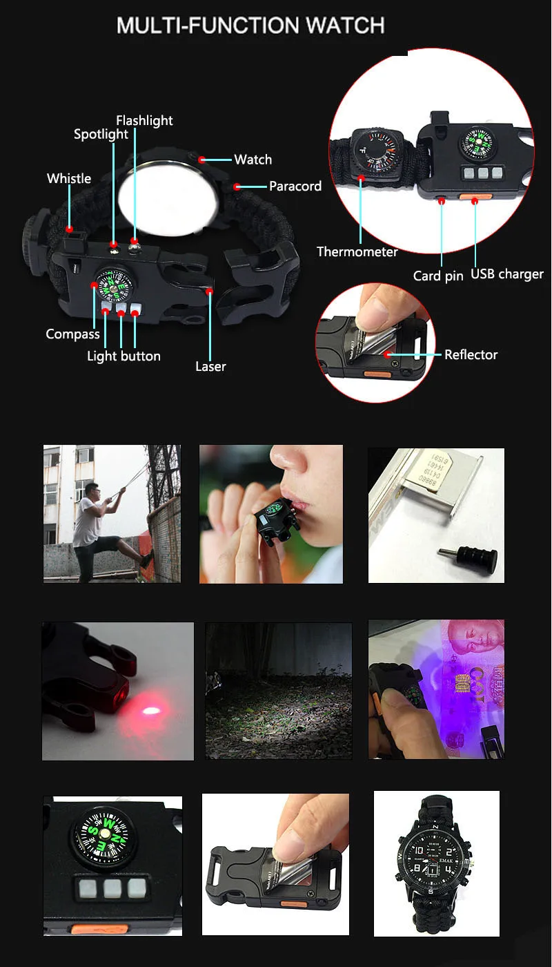 Открытый Многофункциональный альпинистские часы для выживания перезаряжаемый 2 км инфракрасный SOS светодиодный светильник Паракорд компас свисток отражатель