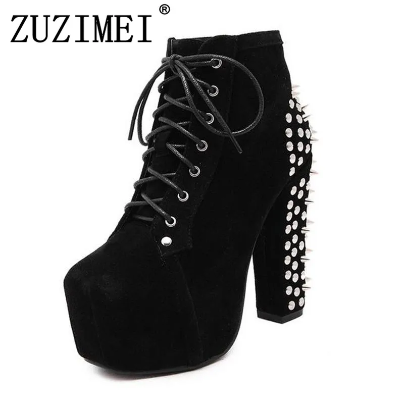New 2018 Hot Sale Women Boots Lace Up Studded Rivets Ankle Boots Rivtes High Heels Platform Shoes Motorcycle Boots Size 35-40 New 2018 Hot Sale Women Boots Lace Up Studded Rivets Ankle Boots Rivtes High Heels Platform Shoes Motorcycle Boots Size 35-40