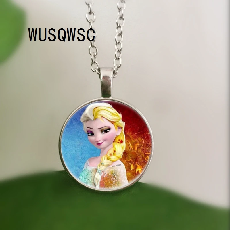 

WUSQWSC 2018 new fashion women necklaces jewelry glass cabochon Princess Anna Snow Queen Pendant necklace girl