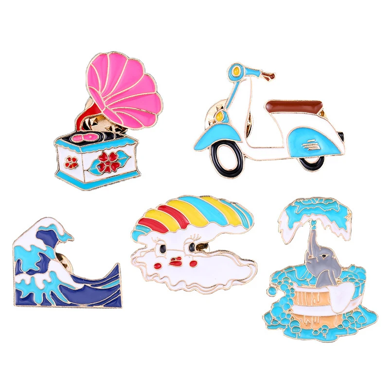 

1 Pcs Hot Fashion Cartoon Sea Wave Cloud Elephant Phonograph Motorcycle Metal Enamel Pins Brooch Denim Jackets Bag Badge Jewelry