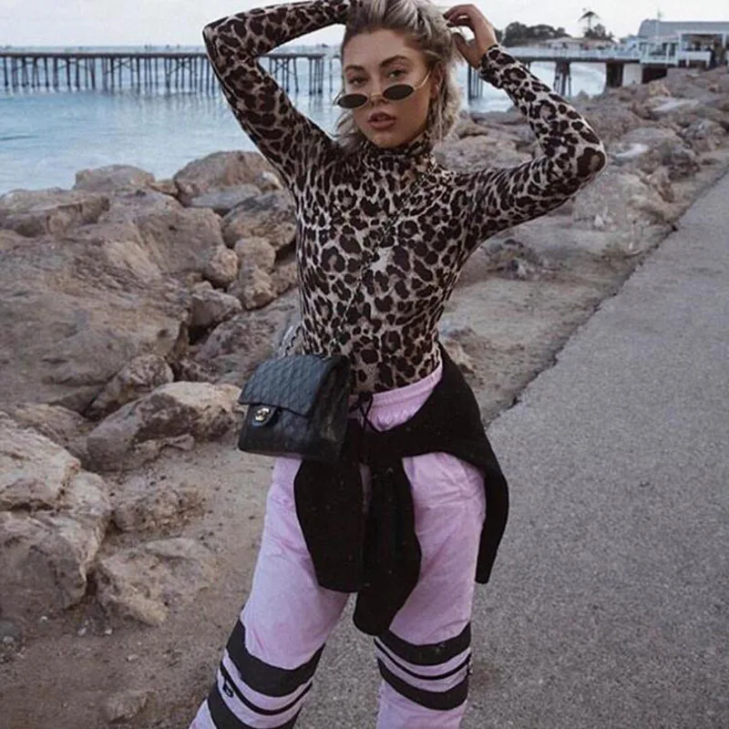 2019 Sexy Leopard Bodysuit Women Bodycon Turtleneck Bodysuits Ladies Long Sleeve Short Jumpsuits Romper One piece Femme Playsuit