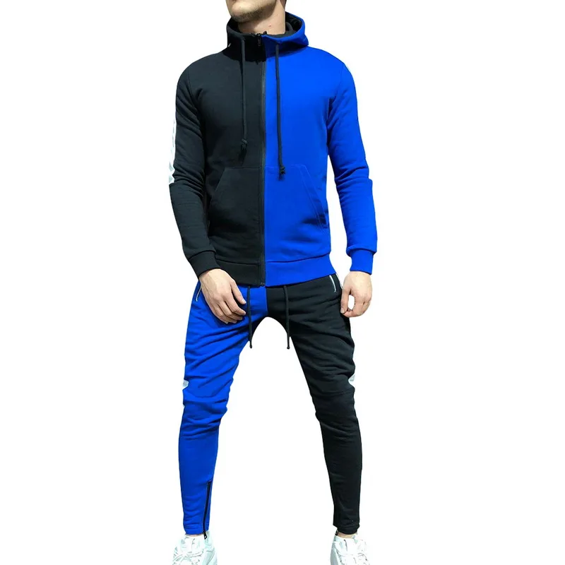 Loozykit() Цветные подходящие костюмы Спортивная одежда Мужская индивидуальная Спортивная двухсекционная Удобная культивирующая одежда - Цвет: Black blue