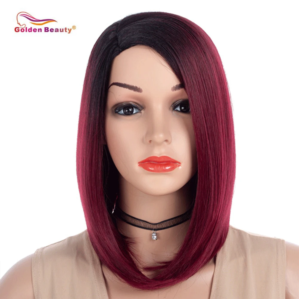 

Short Straight Bob Cosplay Synthetic Wig Red Purple Wig High Temperature Fiber Side Part Straight Style Wig Golden Beauty