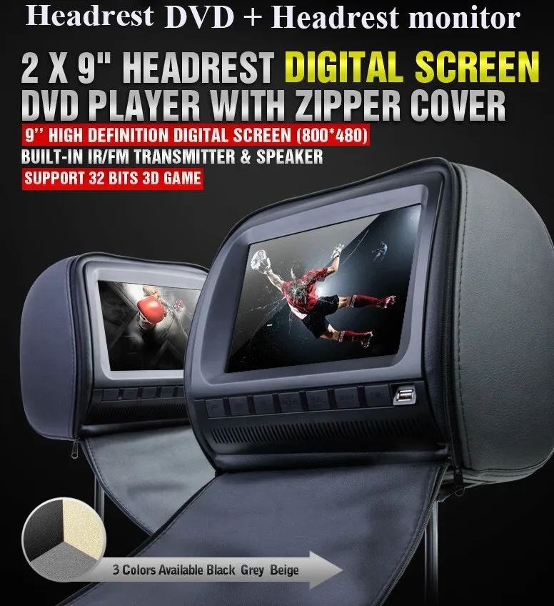 Discount one pair 9 inch car headrest DVD player/lcd monitor,with zipper cover,USB/SD,32bit  Game,IR,FM,TV(optional),one DVD +one monitor 0