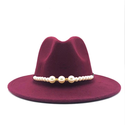 New Felt Hat Women Fedora Hats with Pearls Belt Vintage Trilby Caps Wool Fedora Warm Jazz Hat Chapeau Femme feutre Panaman hat 11