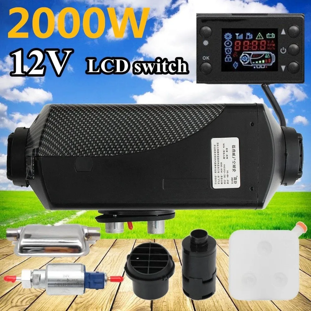 

New 12V 2KW Air Diesels Heater LCD Switch Single-hole Black Car Air Heater Parking Heater with muffler for RV Boat Trail truck