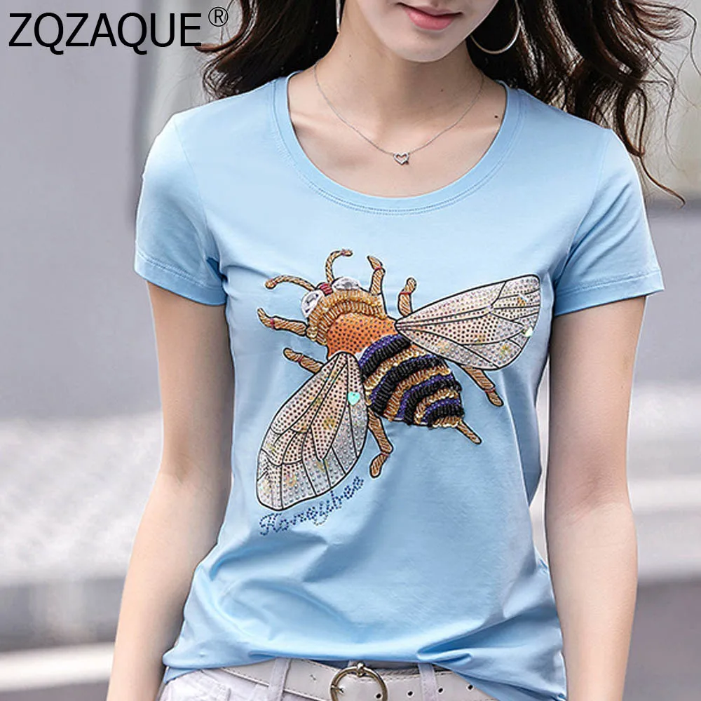 

High Quality Summer New Tops For Women Fashion Diamonds Beading Bee Hand Made Drill Oversize Sequined T-shirts Nice Tops SY1966