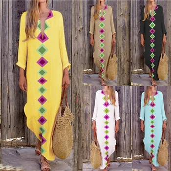 Women Print V-neck Side Slit Bohemian Dresses Shift Boho Maxi DressWomen's fashion stitching print dress aztec print plunge backless shift dress