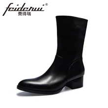 Модные мужские мотоциклетные ботинки из натуральной кожи с высоким берцем ковбойские ботинки ручной работы на высоком каблуке до середины икры с острым носком HQS265