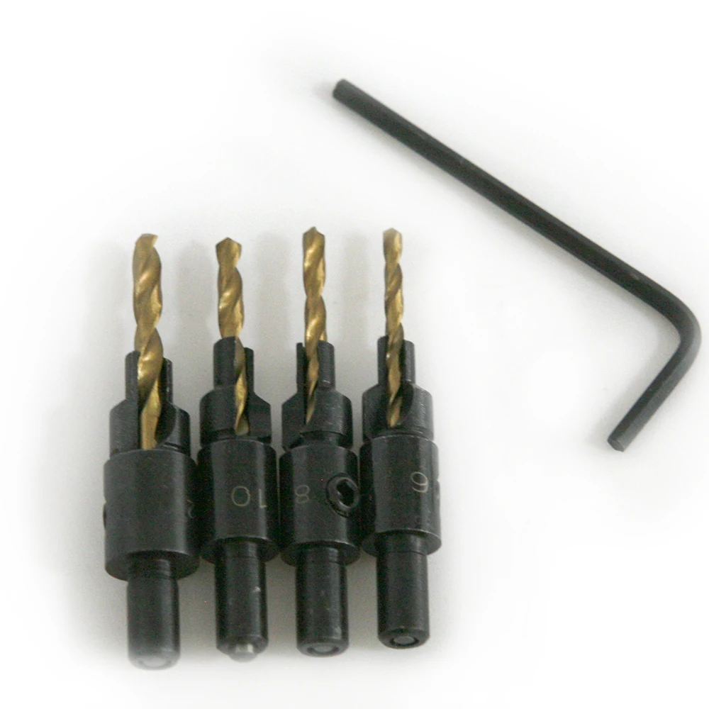 4pcs Hss Woodworking Ti Countersink Drill Bit Set Wood Countersinks Screw Size 6 8 10 12in