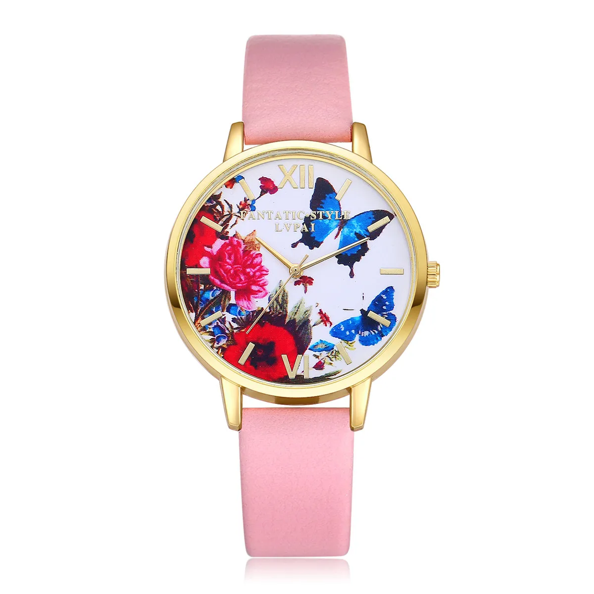 Модные высококачественные женские часы, женские модные часы с кожаным ремешком и бабочкой, аналоговые кварцевые наручные часы lvpai 533 - Цвет: Pink