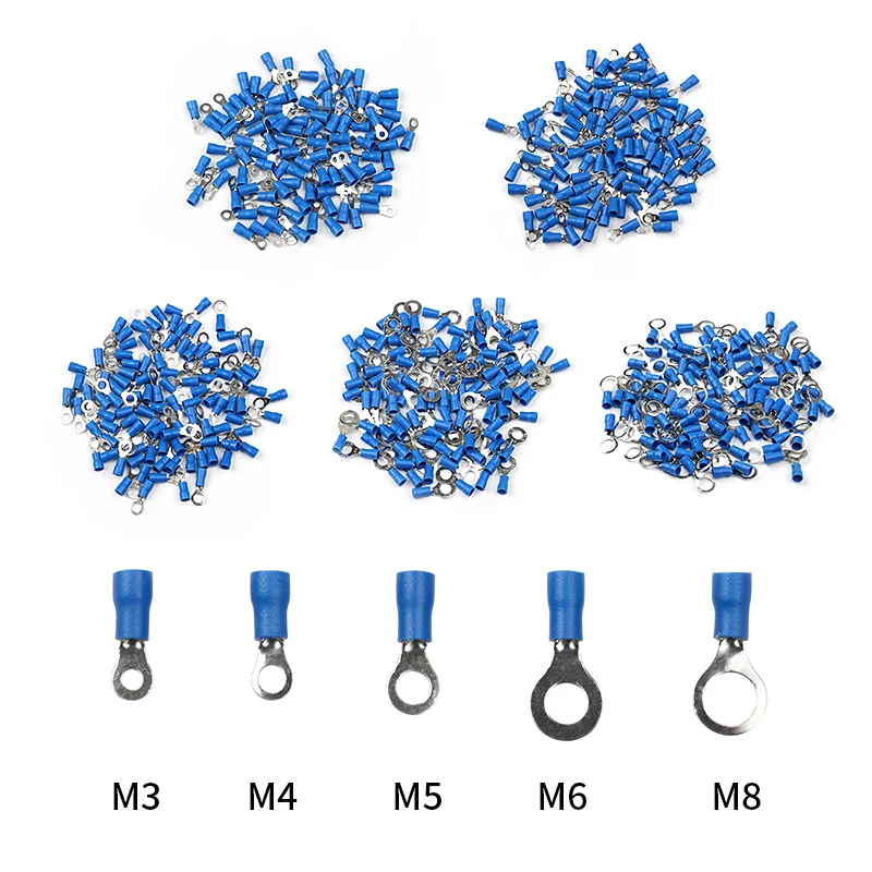 

10/25/50/100 PCS RV2 1.5-2.5MM Insulated Blue Ring Terminals Wire Cable Electrical Crimp Connectors 16-14 AWG Kit M3/M4/M5/M6/M8