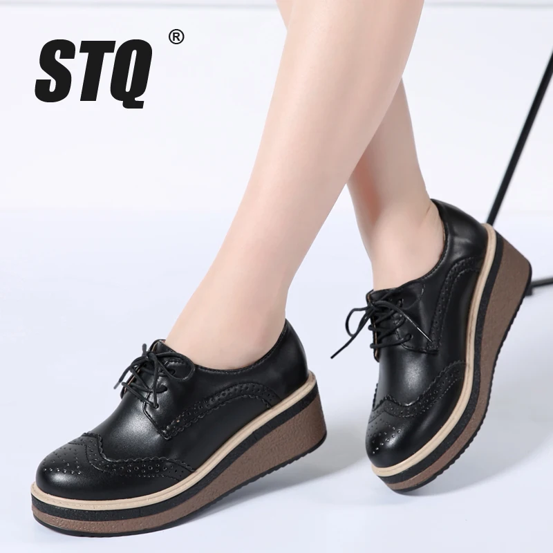 STQ 2018 Spring women platform Oxfords shoes Brogue Lace Up PU Leather