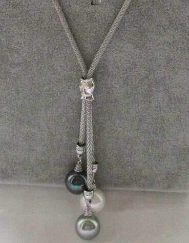 

3bead 14mm white black gray round sea shell pearl necklace AAA style Fine Noble real Natural free shipping