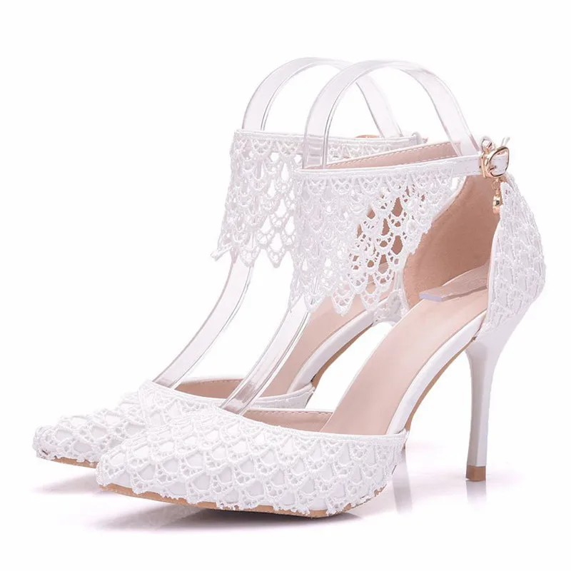 

Women Fashin Tassel Lace High Heels Sandals Thin Heel White Pointed Bride Shoes Female Dress Wedding Shoes Big Size XY-A0136