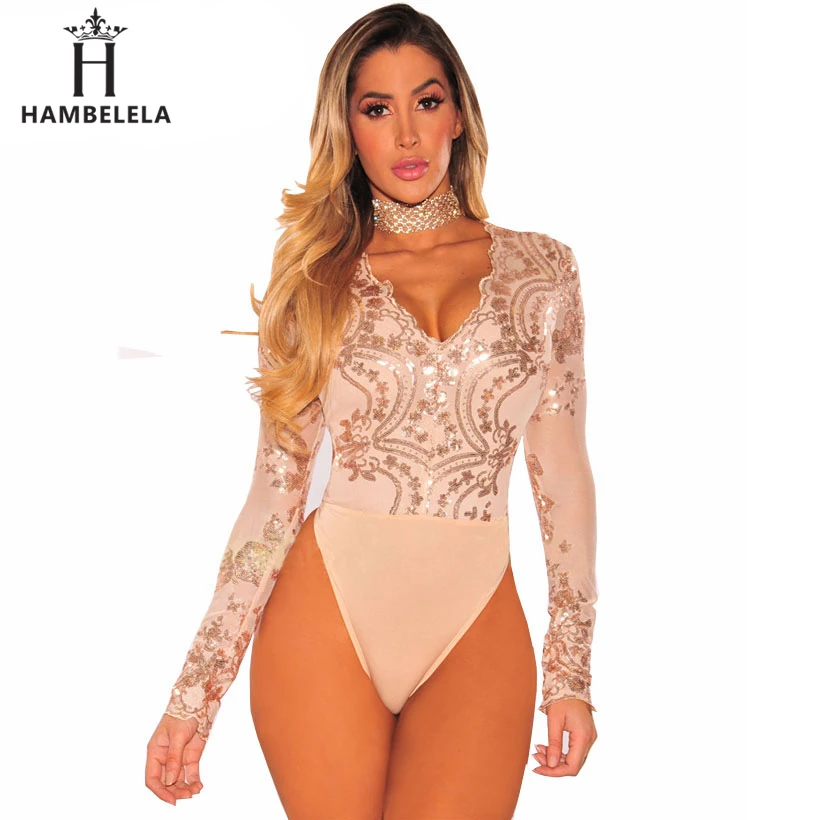HAMBELELA Long Sleeve Bodysuit Women Gold Sequin Deep V-Neck Skinny Bodycon Jumpsuit Womens Overalls Combinaison Short Femme (11)